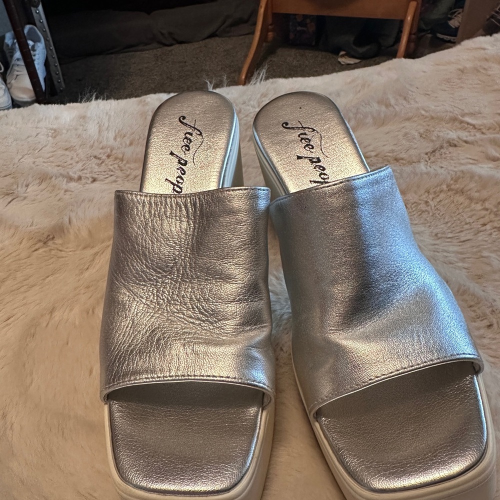Free People Metallic Silver Platftorm Mules